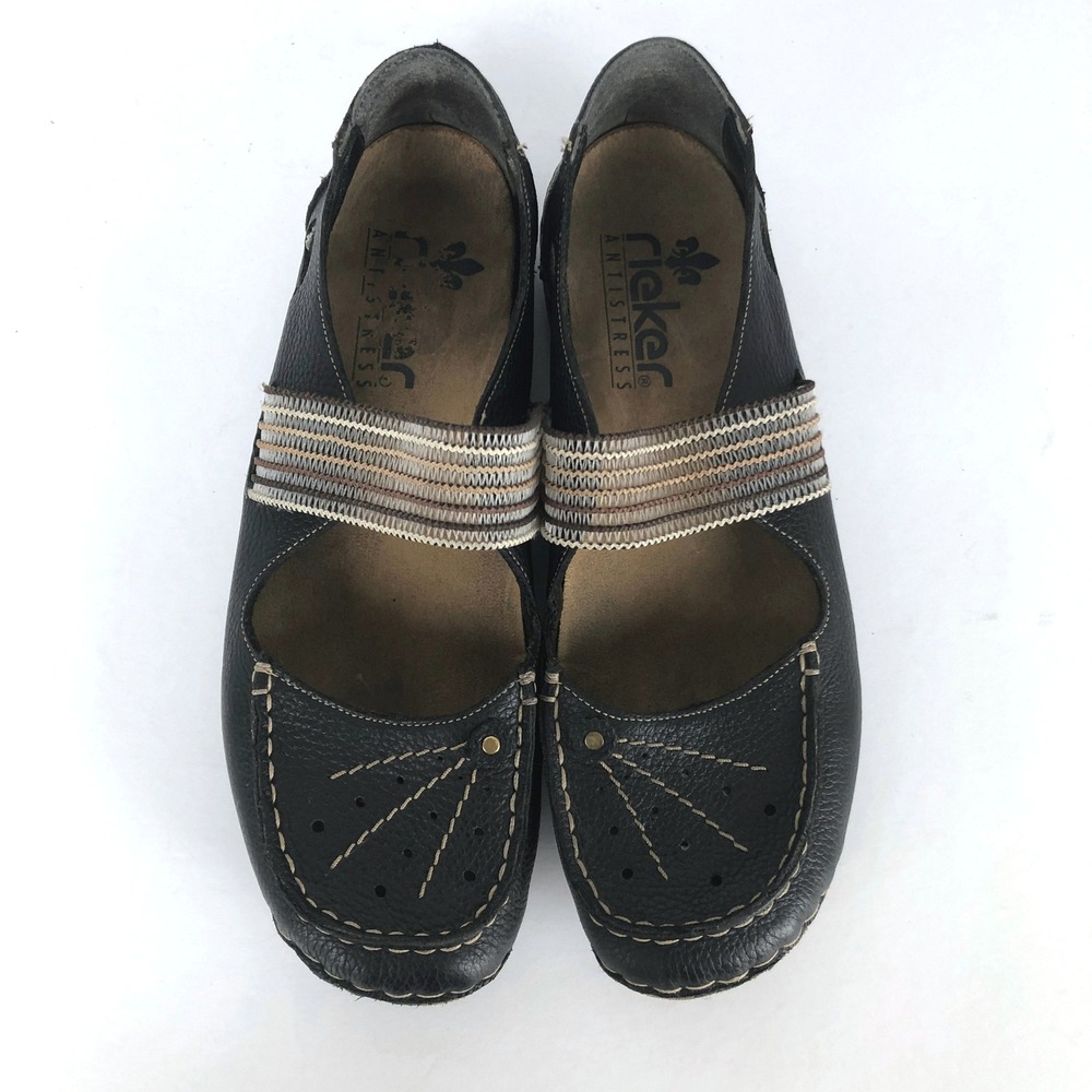 RIEKER Antistress Leather Mary Jane Woven Strap Flats Women's 39 Black Comfort - Picture 5 of 12